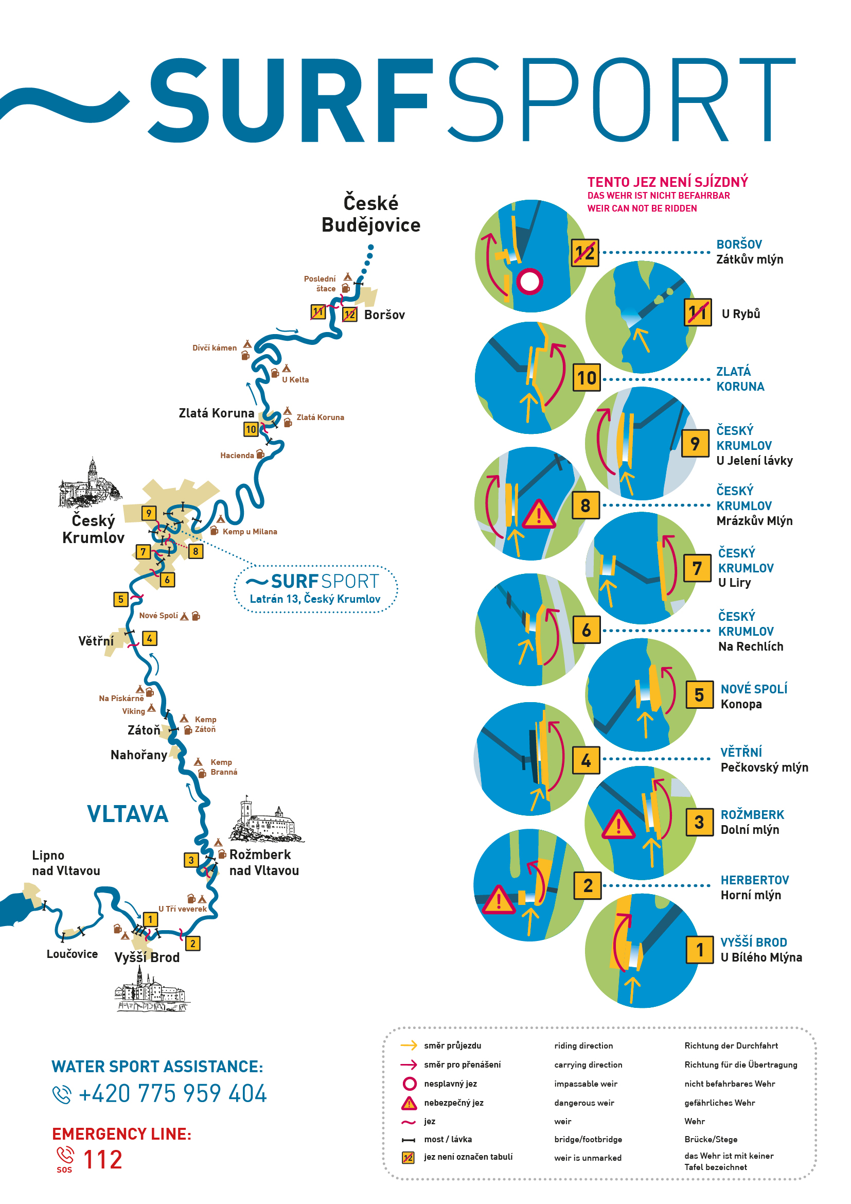 vodácká mapa vltava Mapa horního toku Vltavy s jezy a kempy | SURFSPORT vodácká mapa vltava